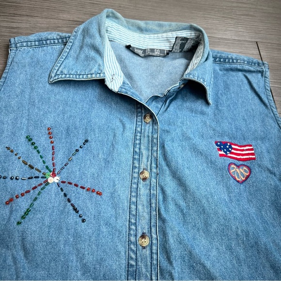 00s Denim Sleeveless 4th of July 2000 Button Up Shirt Embroidered Size M - Picture 2 of 6